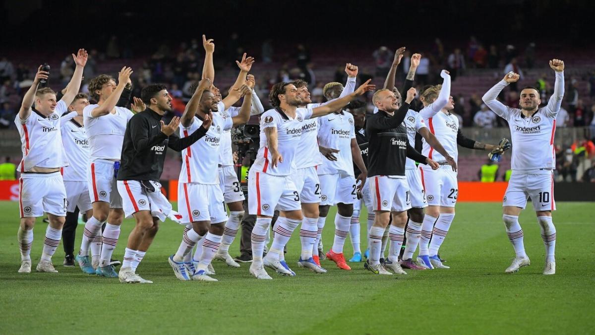 Eintracht Frankfurt players celebrate in Barcelona